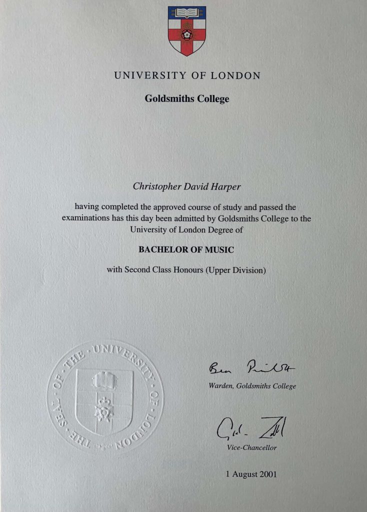 Bachelor of Music certificate